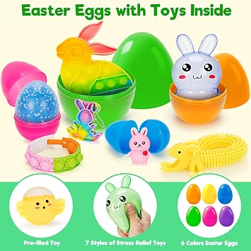 Duchong 36 Pack Prefilled Easter Eggs with Toys Inside, Mixed 4 Size Plastic Easter Eggs with Assorted Toys, Surprise Eggs for Easter Hunt, Easter Basket Stuffers, Easter Party Favor for Kids