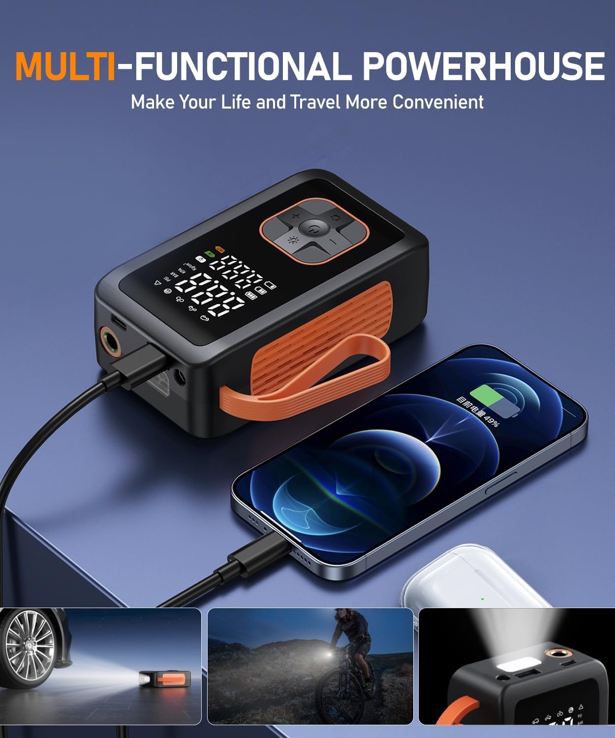 Tire Inflator Portable Air Compressor - 150PSI & 15000mAh Dual Power (Cordless & 12V DC) Car Air Pump, 3X Faster 36L/Min Electric Tire Pump with Digital Gauge, LED Light for Car, Bike, Ball - Image 5