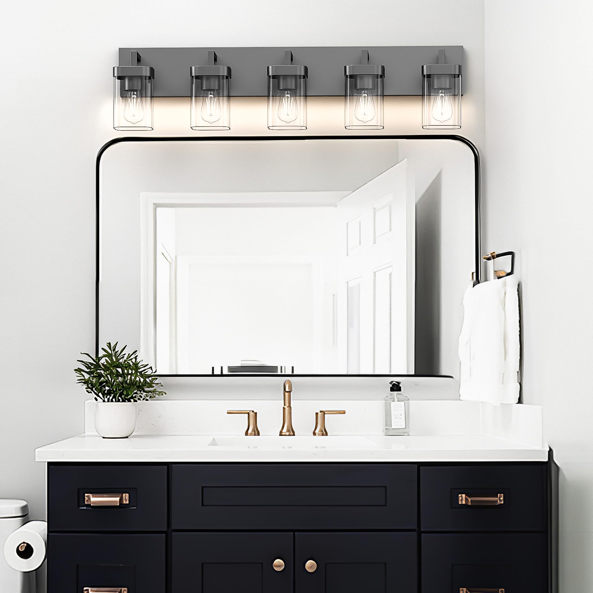 Badezimmer-Waschtischleuchte, quadratisches Design, 5 Leuchten, moderne Badezimmer-Beleuchtung über Spiegel, schwarze Badezimmer-Leuchten für Badezimmer/Wohnzimmer/Schlafzimmer
