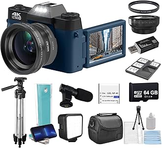 Acuvar 4K 48MP Digital Camera Kit for Photography, Vlogging Camera for YouTube with Flip Screen, WiFi, Wide Angle & Macro Lens, 64GB Micro SD Card, 50" Tripod, Case, Card Reader, Microphone, LED Navy