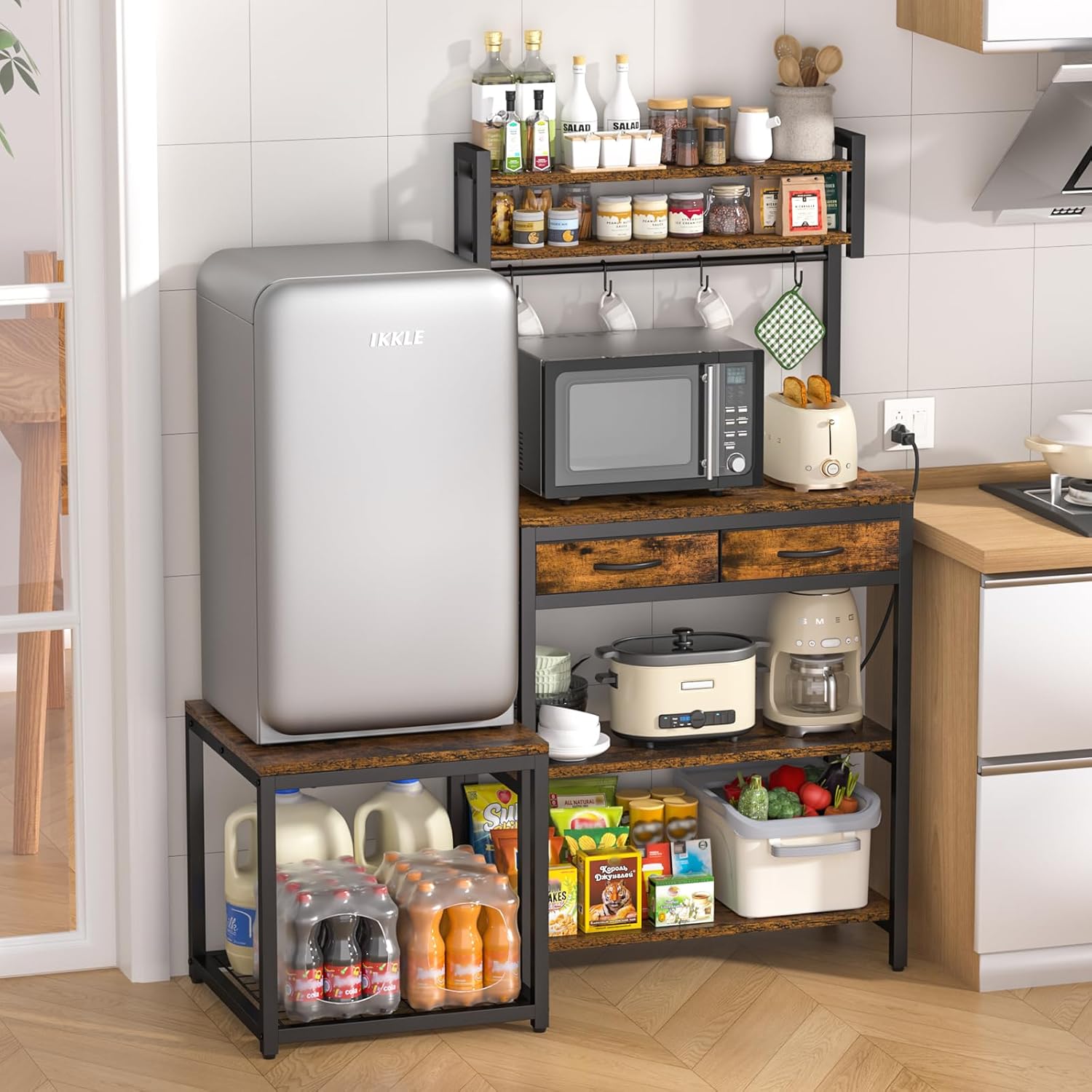 ikkle Mini Fridge Stand with Microwave Rack and Power Strip, Mini Fridge Cabinet Storage Shelf for Dorm Kitchen Living Room, Brown