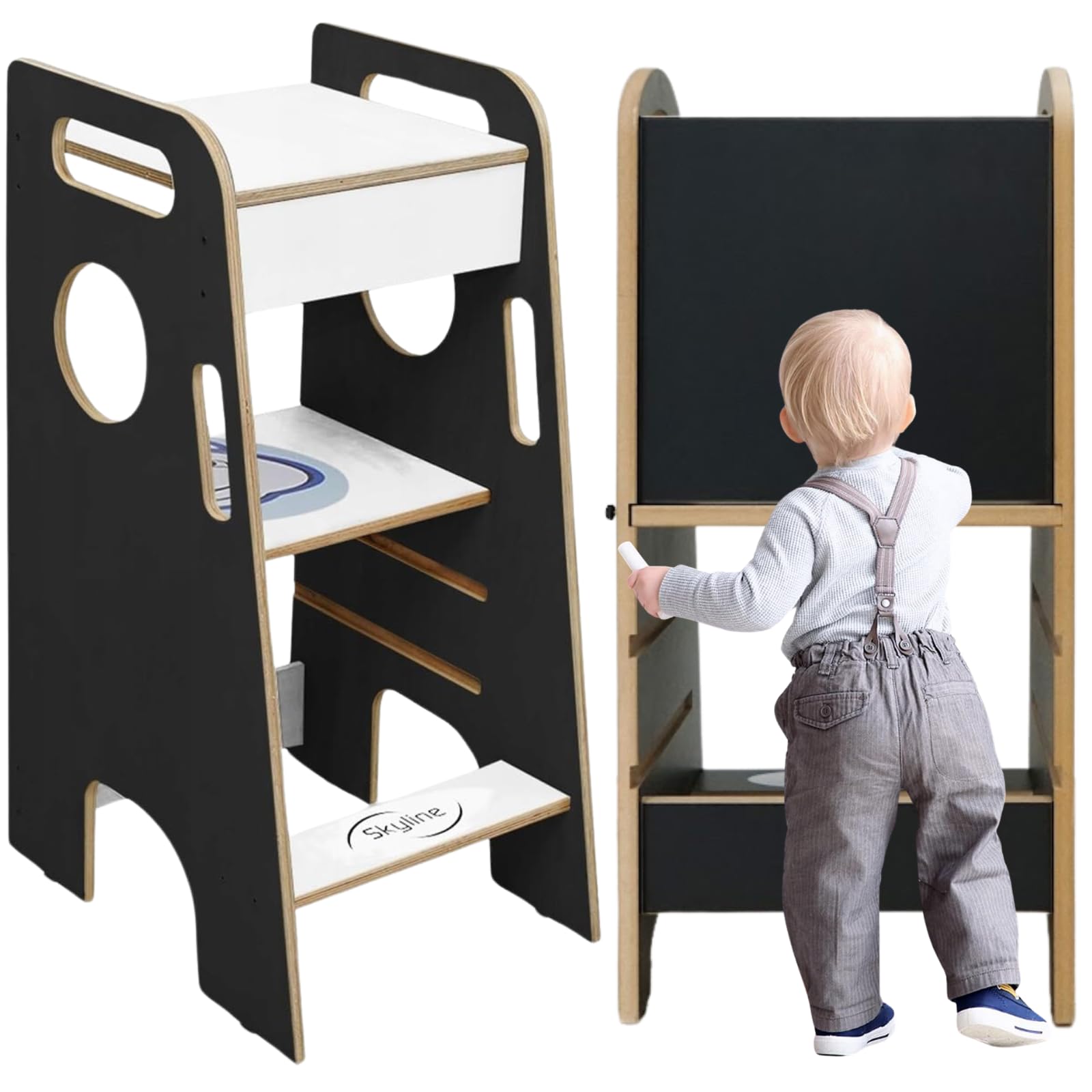 Skyline Torre di Apprendimento Libreria Montessoriana per Bambini Scaletta Pieghevole Tavolino Sedia Torretta Pieghevoli Scrivania Sgabello Tavolo Kitchen Helper Learning Tower nero/bianco