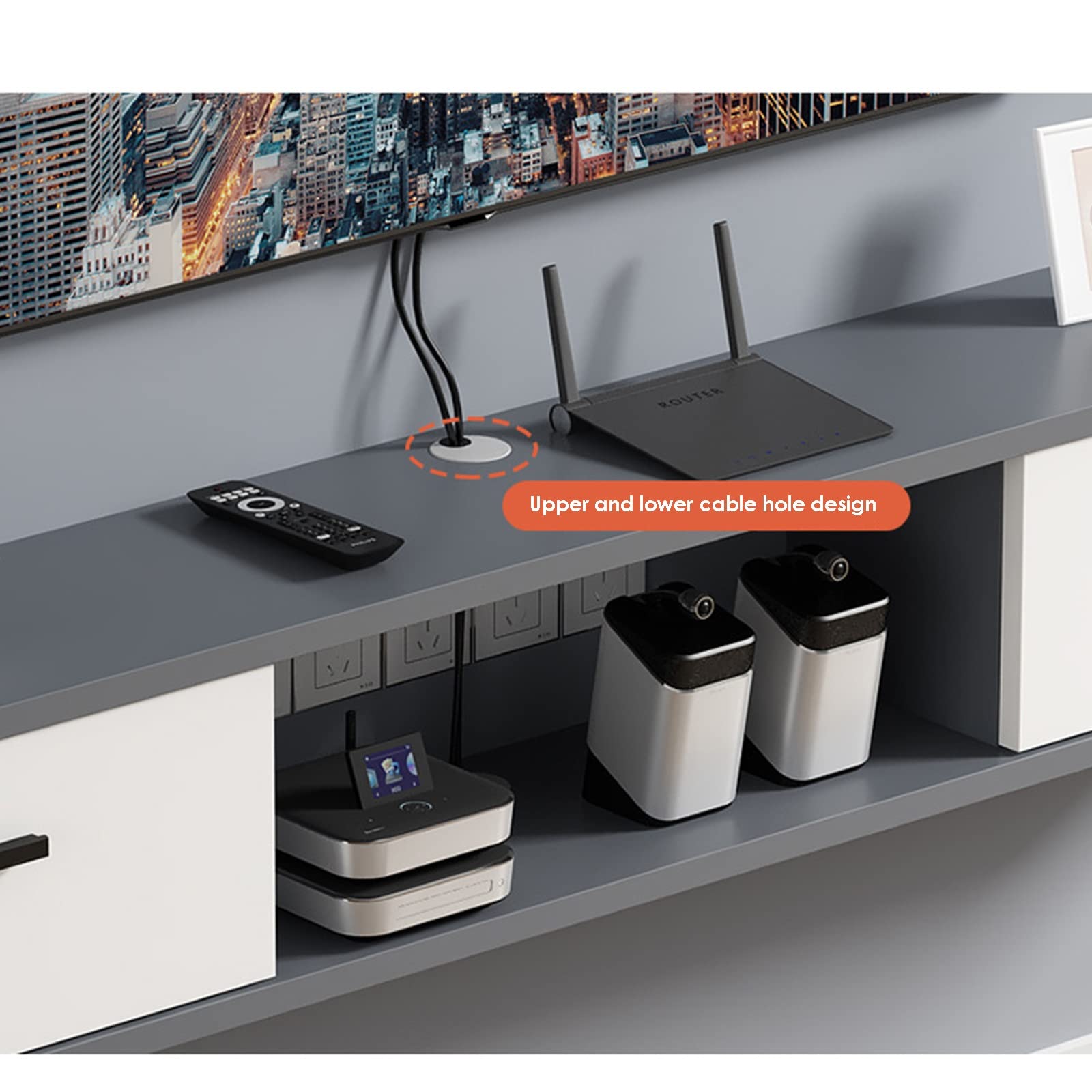 An der Wand montiertes TV-Gerät Schwimmender TV-Ständer Wandmontiertes Entertainment-Center-TV-Gerät mit 2 Türen, Wohnzimmer Schlafzimmer TV-Wandregal für Router Set-Top-Box-Projektor