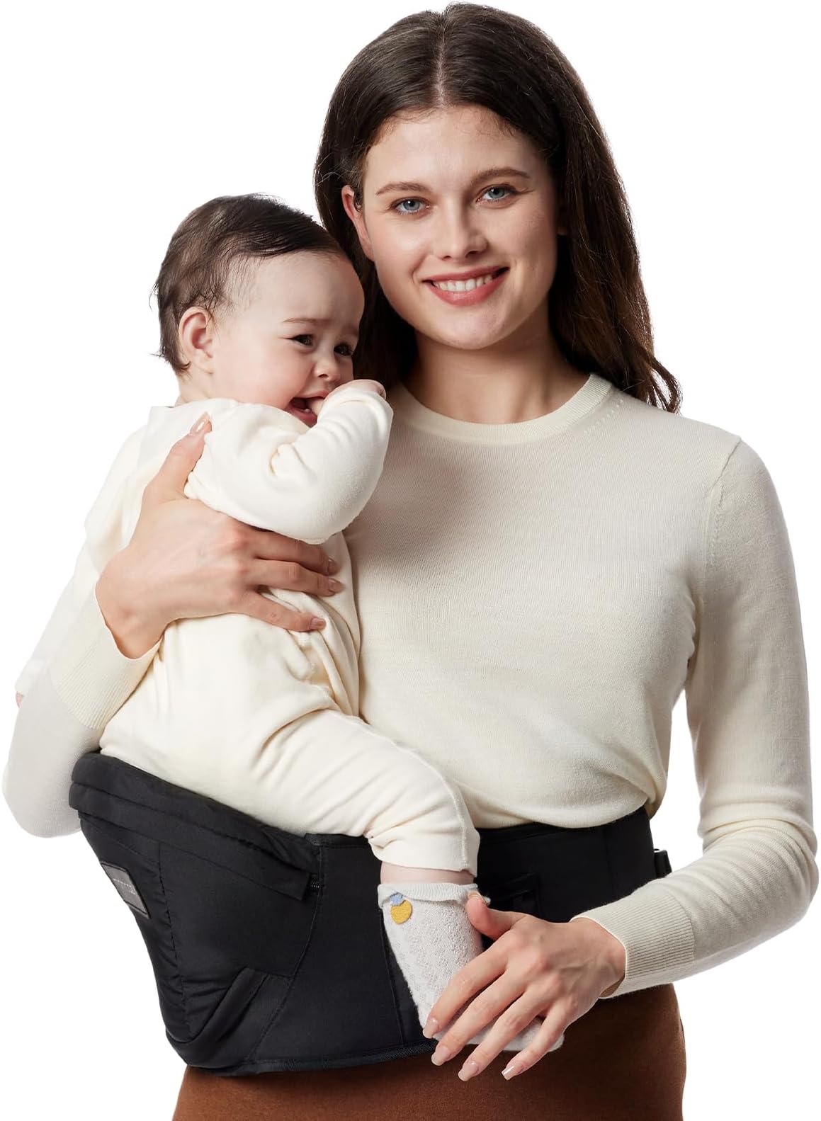 Momcozy Hip Seat Baby Carrier - Adjustable Waistband with Original 3D Belly Protector, Ergonomic Carrier with Various Pockets for Newborns & Toddlers up to 45lbs (Black, Medium)