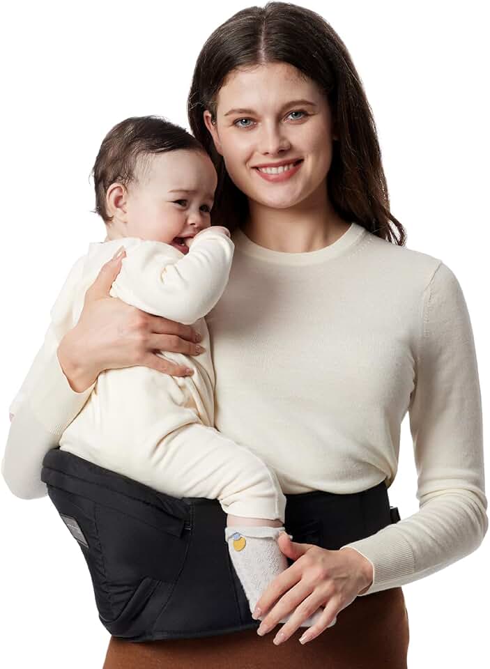 Momcozy Hip Seat 嬰兒 背帶 - Adjustable Waistband 含 Original 3D Belly Protector, Ergonomic 背帶 含 Various Pockets 適用於 Newborns & Toddlers up 至 45lbs (Black, Medium)