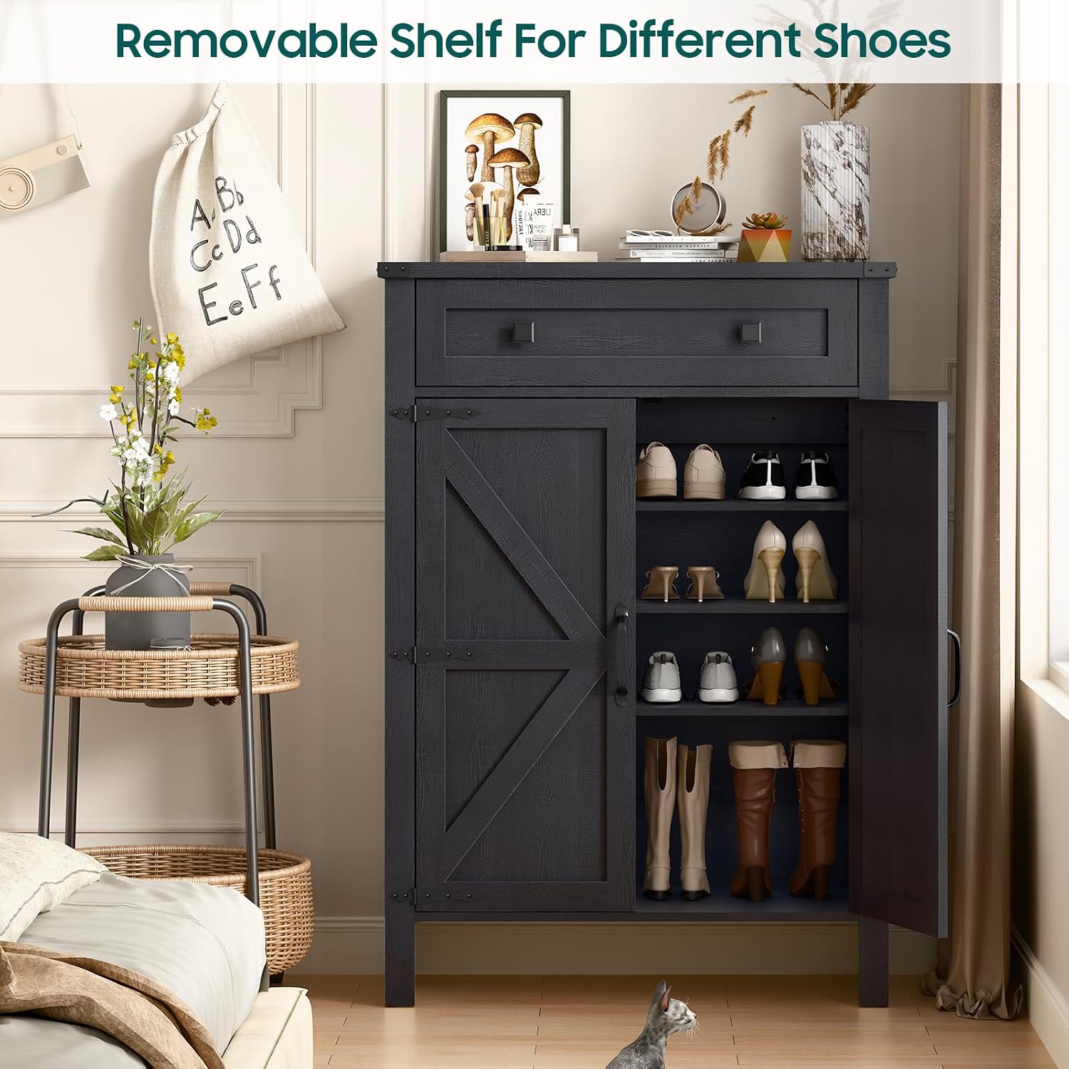 Vabches Shoe Storage Cabinet, 5-Tier Farmhouse Shoe Cabinet with Adjustable Shelves & Drawer, Wooden Shoes Rack Cabinets Storage Organizer with Doors for Entryway, Hallway, Closet, Living Room, Black