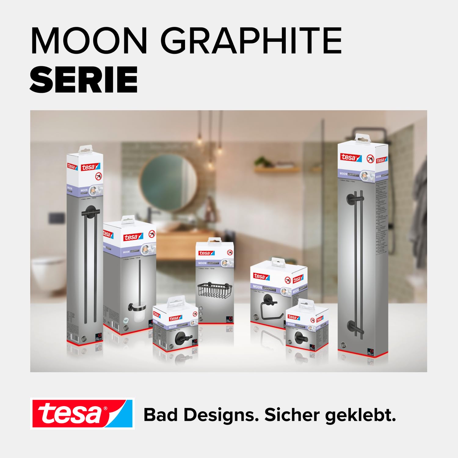 tesa Moon Graphite Doppel-Handtuchstange in gebürstetem Grafit - Selbstklebender Handtuchhalter mit 2 Stangen - aus PVD-beschichtetem Metall - ohne Bohren, inkl. Klebelösung - 640mm x 49mm x 115mm