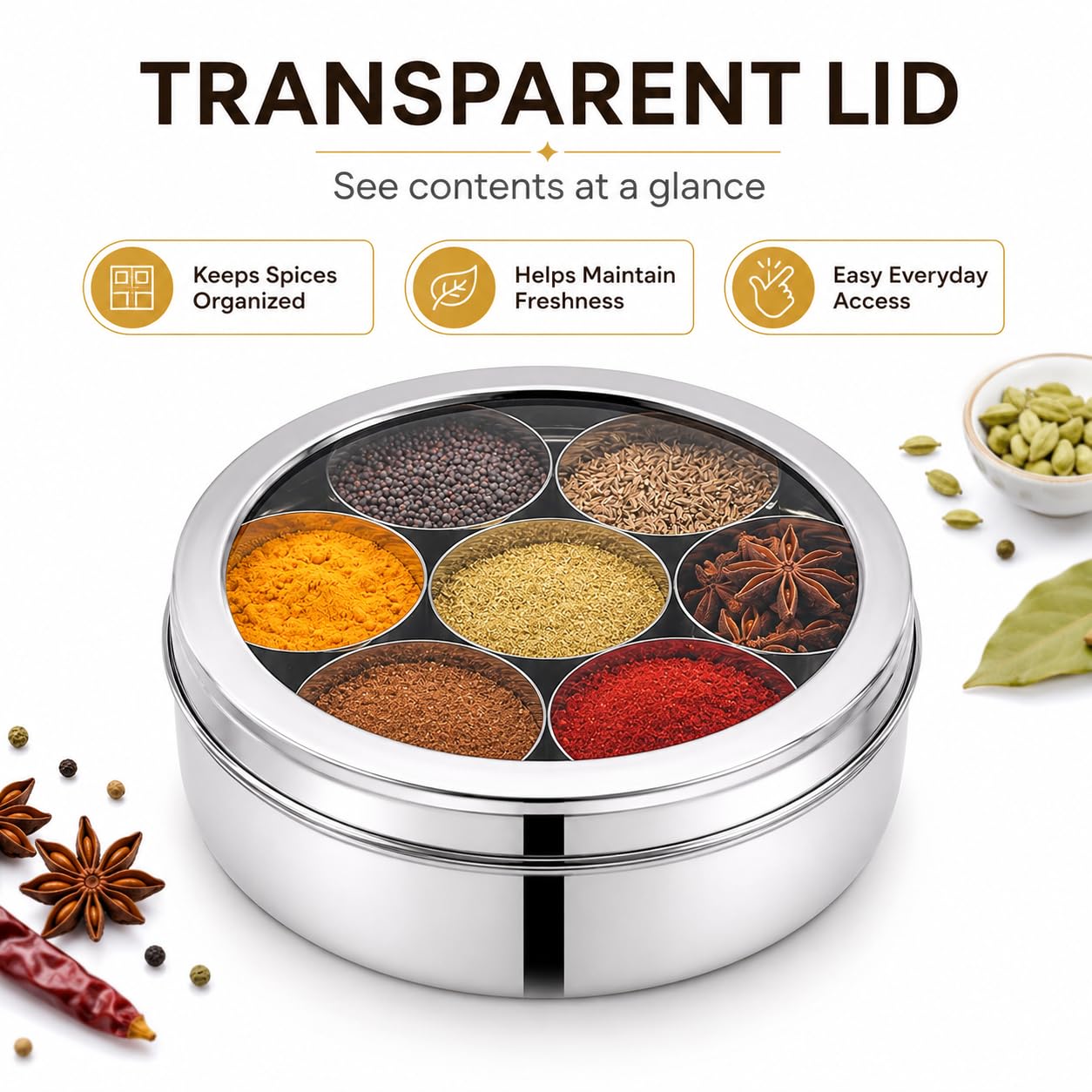 PNS Masala Dabba Boîte à épices avec 7 compartiments en acier inoxydable de qualité alimentaire avec cuillère de service (couvercle transparent, 16 cm)