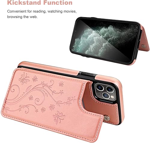 Miniatura 6 de Vaburs Funda para iPhone 11 Pro Max con tarjetero, diseño de mariposa en relieve de piel sintética de alta calidad, doble botones magnéticos, a