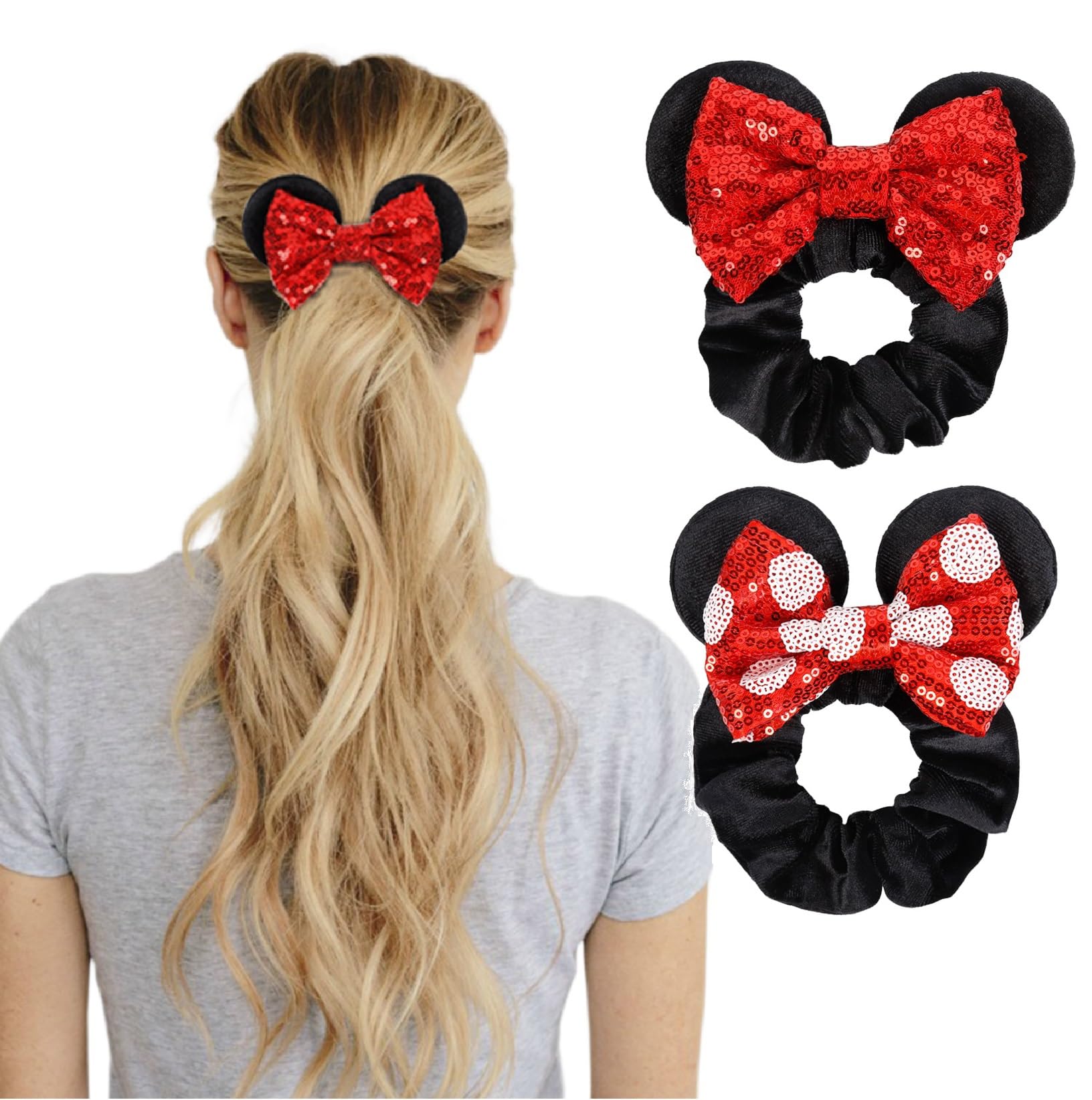 Women's Sequins Hair Bow Scrunchies, Velvet Mouse Ear Hair Ties for Ponytail, Party Favors, Cosplay Costume, Cute Accessories - Red Black