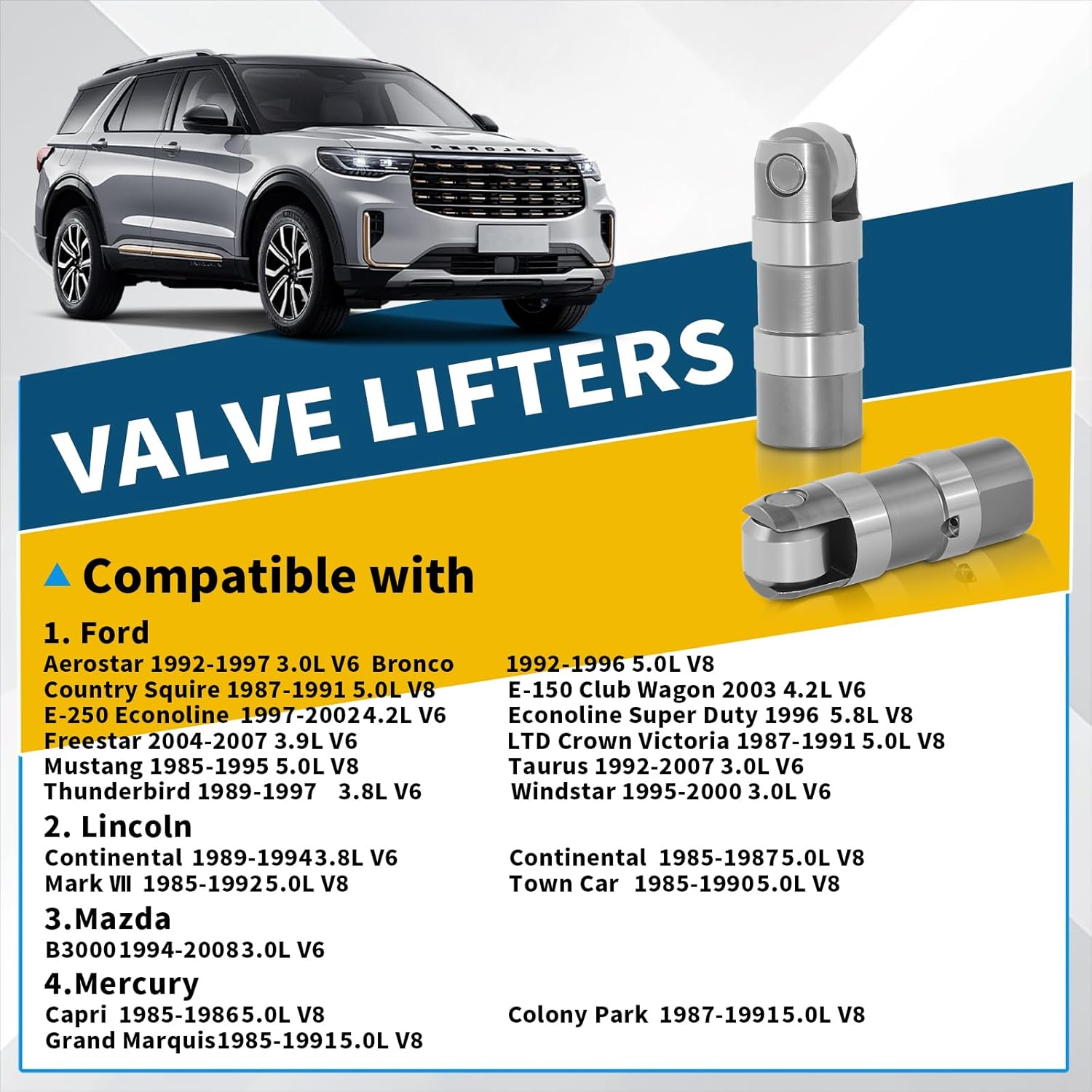 6Pcs F2SZ6500A Hydraulic Valve Lifter For 1985-2008 Ford E150 E250 F150 F250 Mustang for Lincoln for Mazda for Mercury 3.0L 3.8L 3.9L 4.2L 5.0L 5.8L V6 V8 Engine Replaces HT-2205 JB-2205