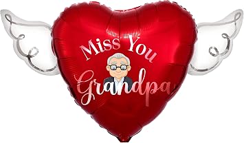 Heavenly Balloons "Miss You Grandpa" Heavenly Memorial Heart Balloon with Angel Wings Red