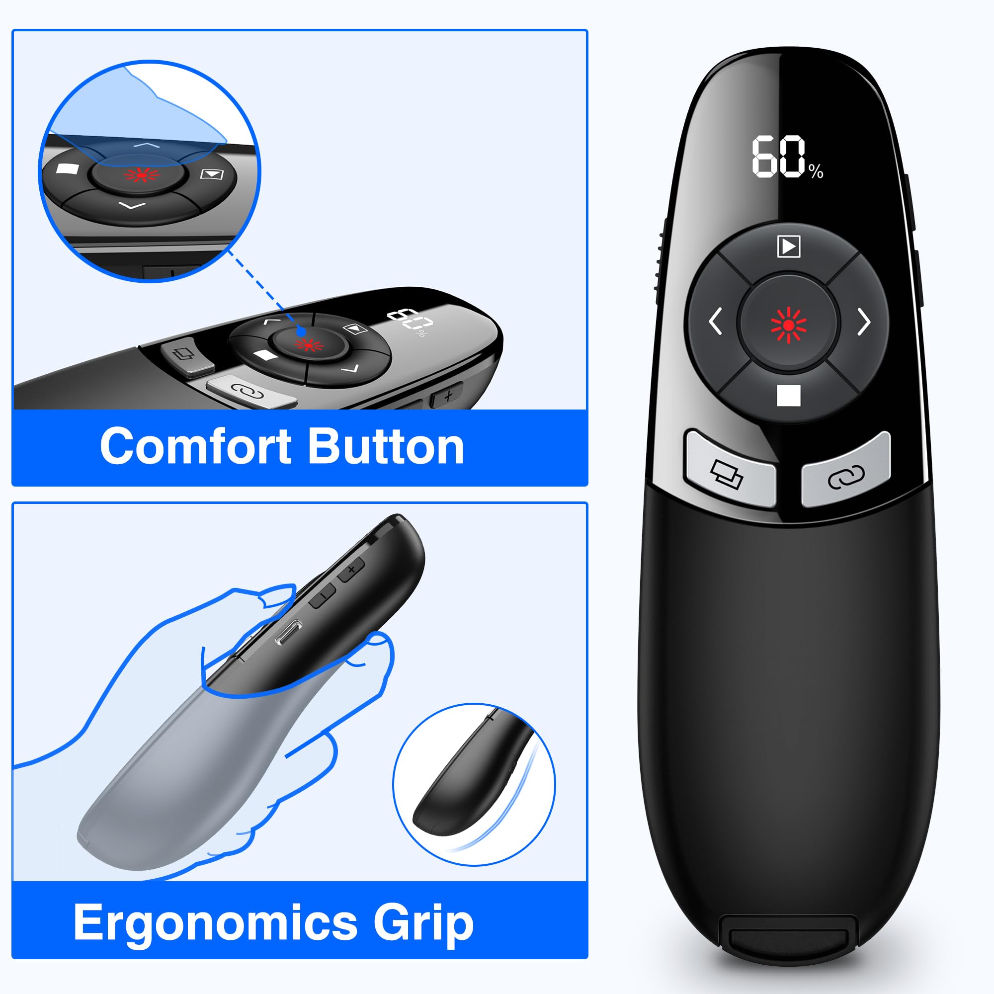 Presenter USB C, rechargeable, sans fil 2,4 GHz, pointeur pour présentations avec indicateur de batterie, lumière rouge, télécommande de présentation pour PowerPoint/Keynote/Google Slides