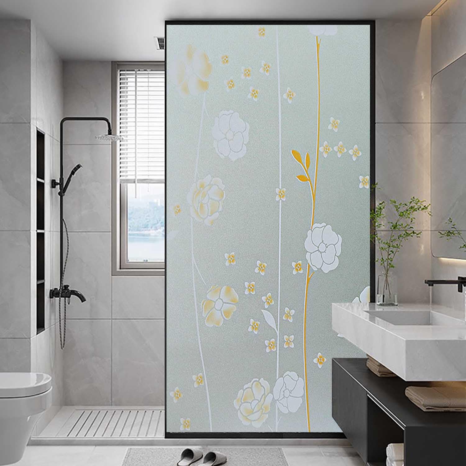 XQKXHZ Frosted Floral Decorative Privacy Window Film Patterns Static Cling Window Film Heat Blocking Non-Adhesive Opaque Glass Sticker,Premium Vinyl films for Bathroom kitchen Offfice,60x150cm