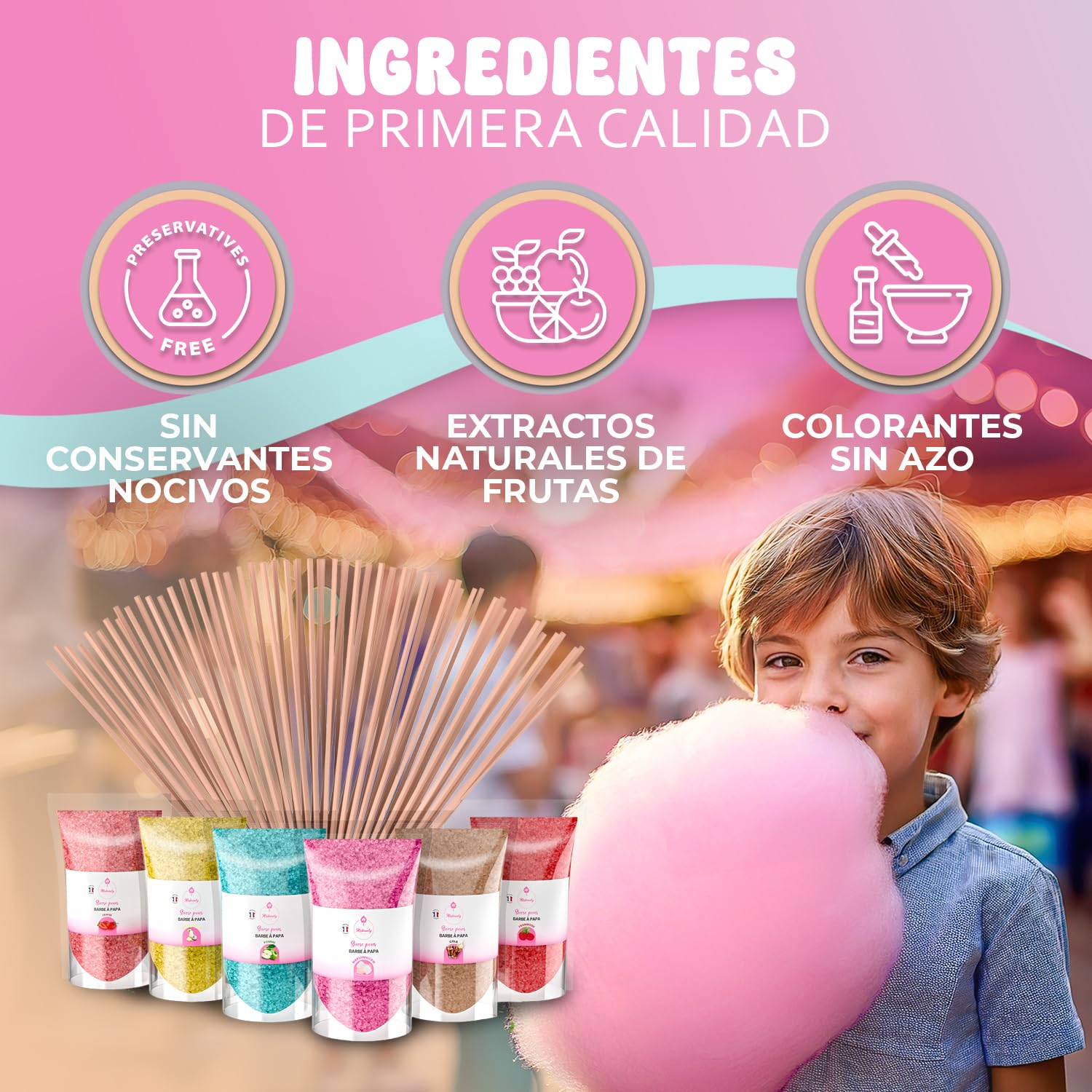 Misskandy, algodón de azúcar para la máquina (6 * 160 Gr) / sabores:fresa,pina colada, manzana, malvavisco, cola, frambuesa + 20 barritas de (30 cm)