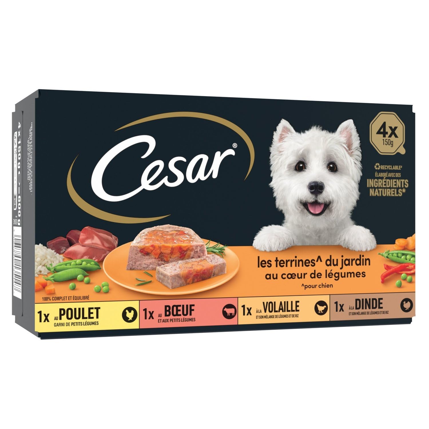 générique Cesar – Pâtée Gourmande pour Chien Adulte, Saveurs Volaille et Légumes Frais (4 Barquettes) - Le Lot de 3