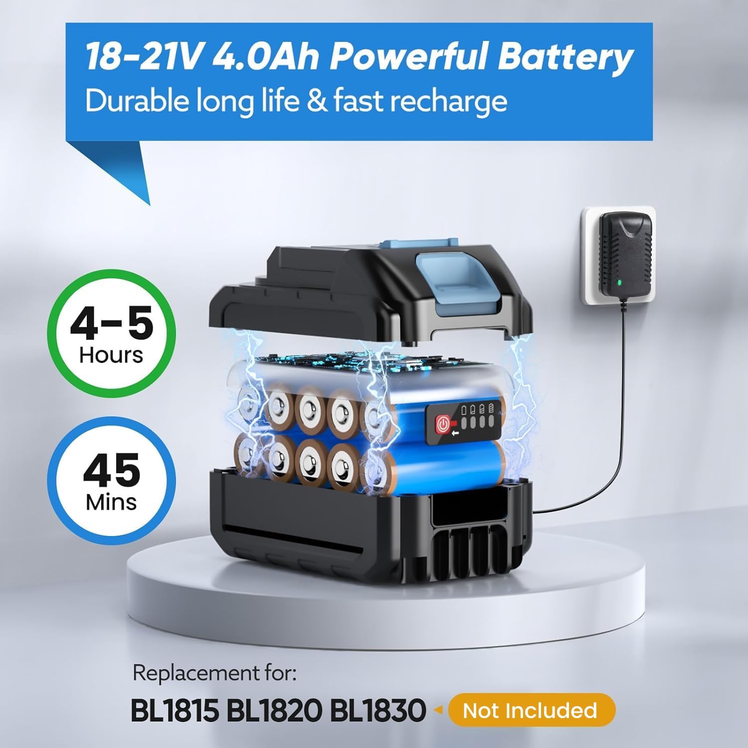 Aihand 21V 4.0Ah battery pack with charge indicator lights, showing its durable long life and fast recharge capabilities.