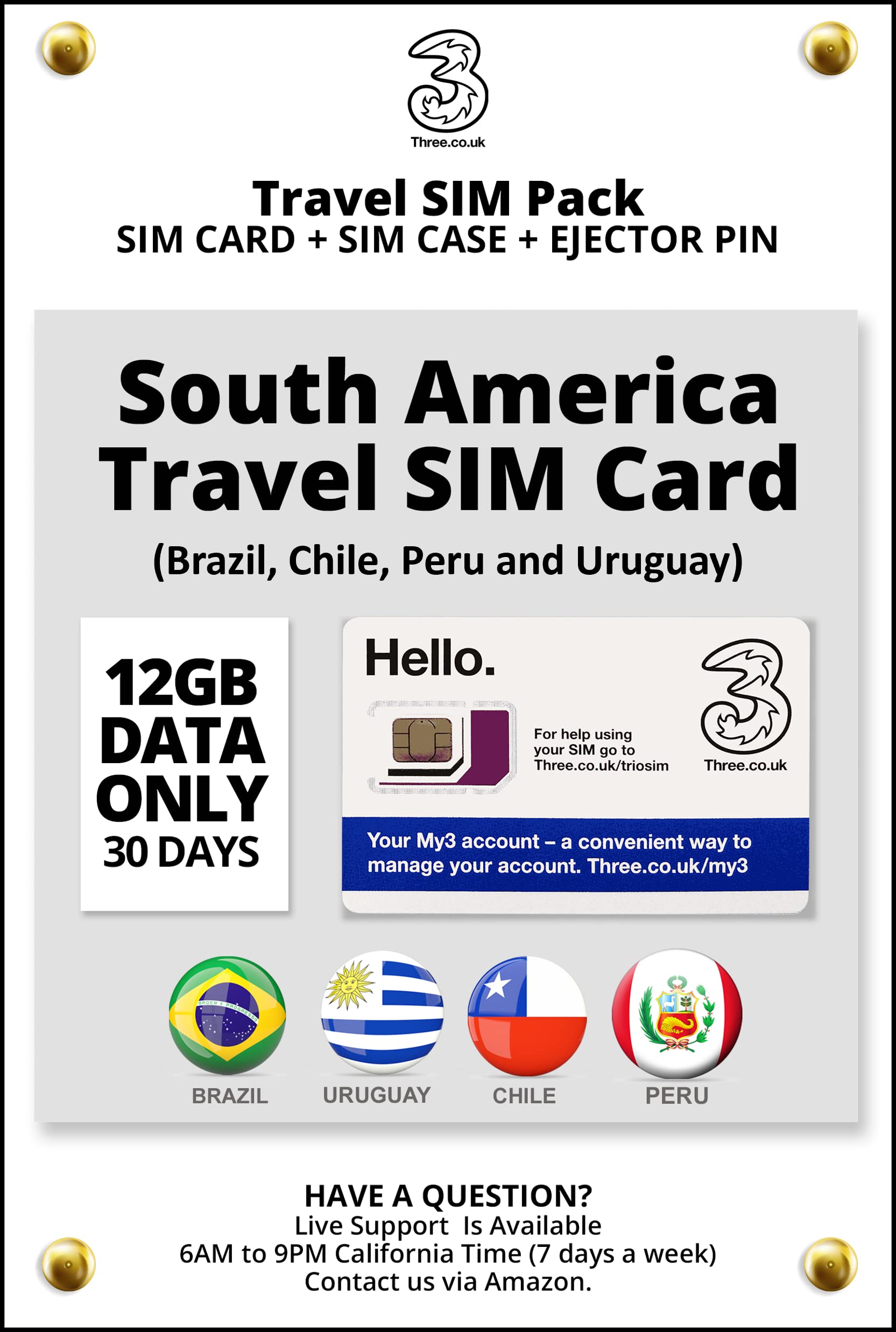 Amazon.com: South America Prepaid Travel SIM Card by 3UK. 12GB Data only for  30 Days. We Must Activate The SIM Card. : Cell Phones & Accessories