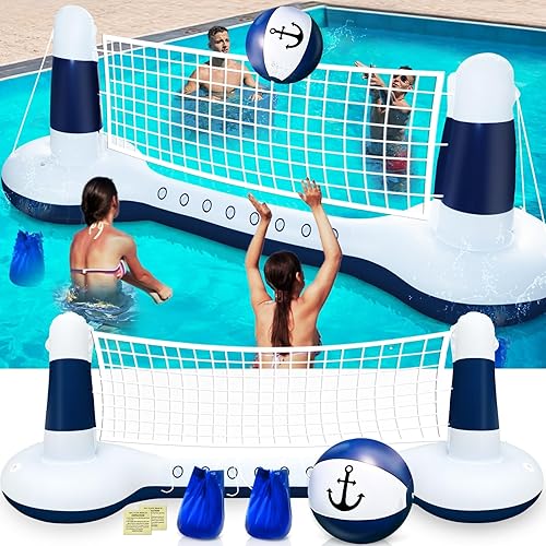 Miniatura 6 de Juego de flotador inflable grande de red de voleibol con bola de anclaje de 9 pulgadas, 2 bolsas de peso y diseño de yate, juguete flotante de