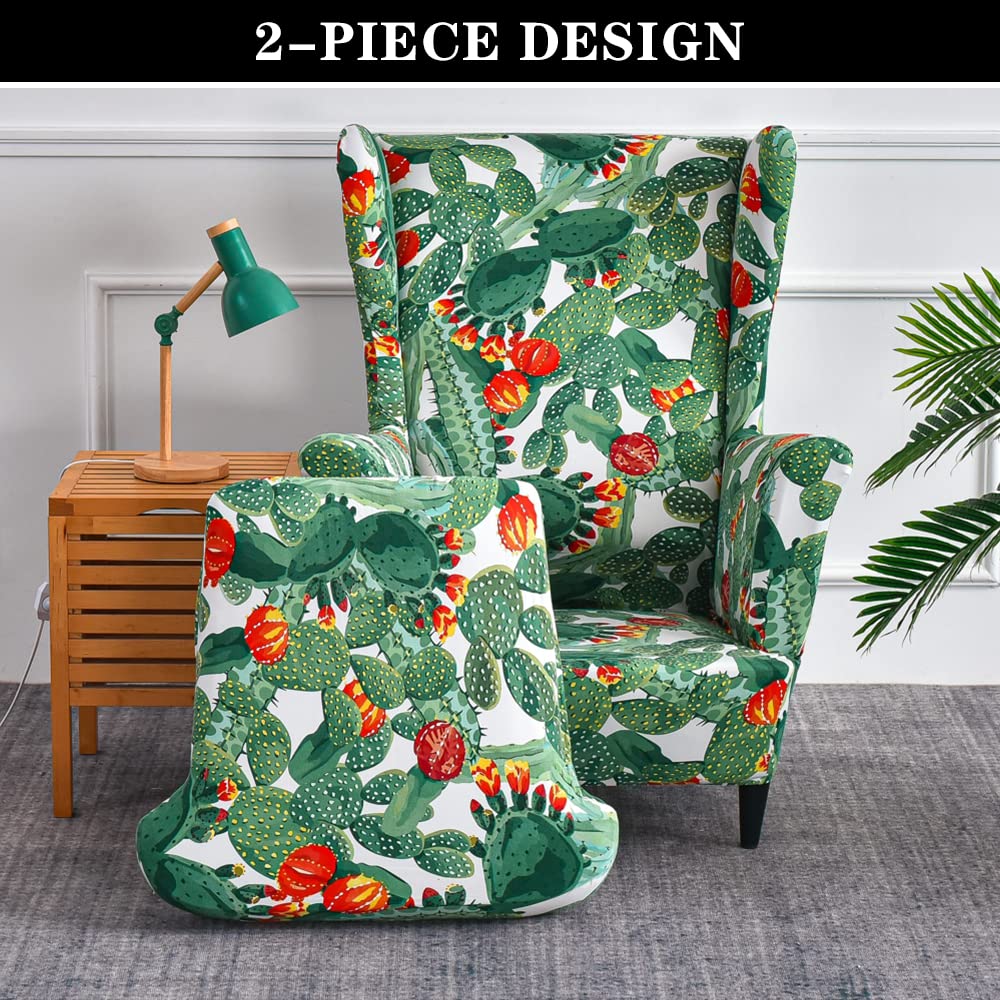 PENDEJATO Wingback Chair Covers, 2 Piece Printed Wing Chair Slipcovers Stretch Spandex Armchair Covers with Elastic Bottom for Living Room Bedroom (Cactus)