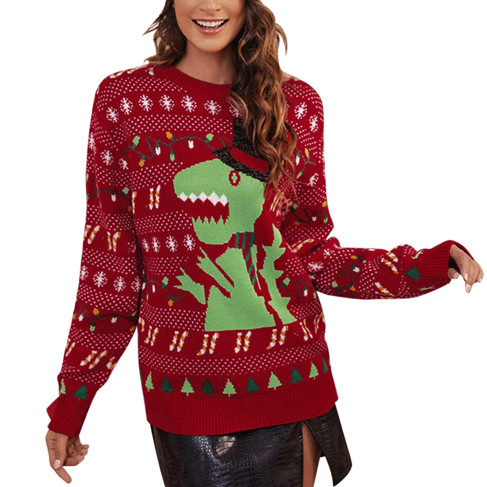 Merry Christmas - Suéteres esponjosos de punto con cuello redondo y diseño de dinosaurio para mujer, suéter de manga larga, casual, elegante, suéteres suaves y lindos