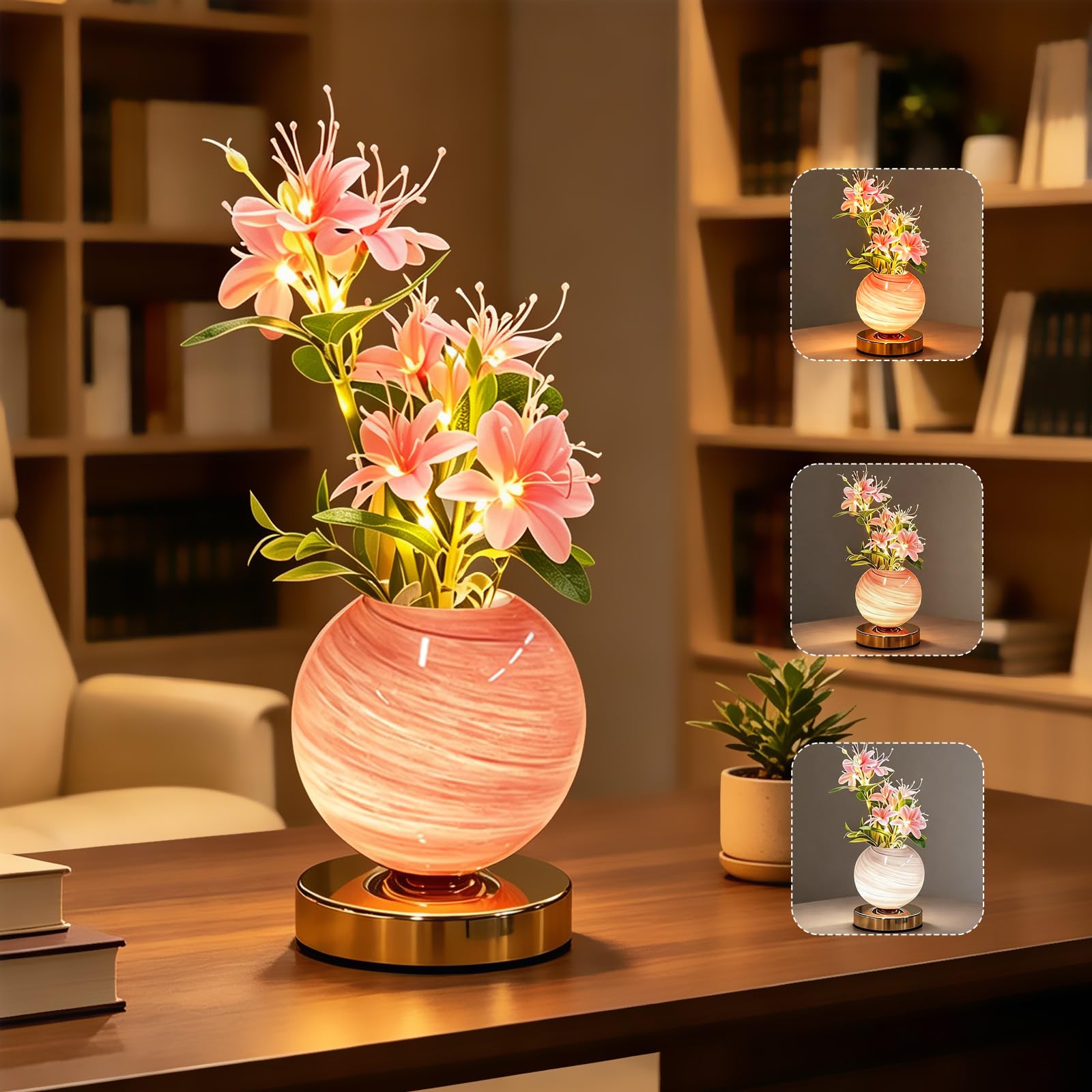 AVEKI Touch Table Lamp, 3 Color Dimmable Crystal Vase Bedside Light, Rechargeable Artificial Flowers Desk Lamp Decor for Date Party Home, Romantic Gift for Woman Mom (Jasmine-Pink)