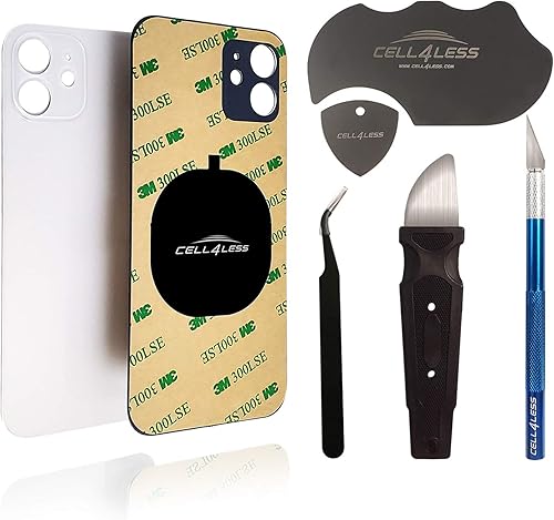 Cell4less Cristal trasero compatible con iPhone 12 con adhesivo de cuerpo completo, herramienta de extracción y amplio orificio para cámara para una