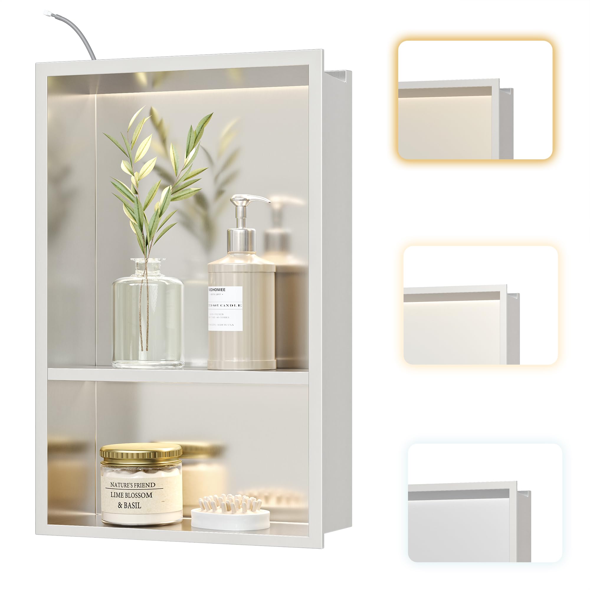 Niche de douche avec étagère rangement douche murale acier inoxydable éclairage LED salle de bain