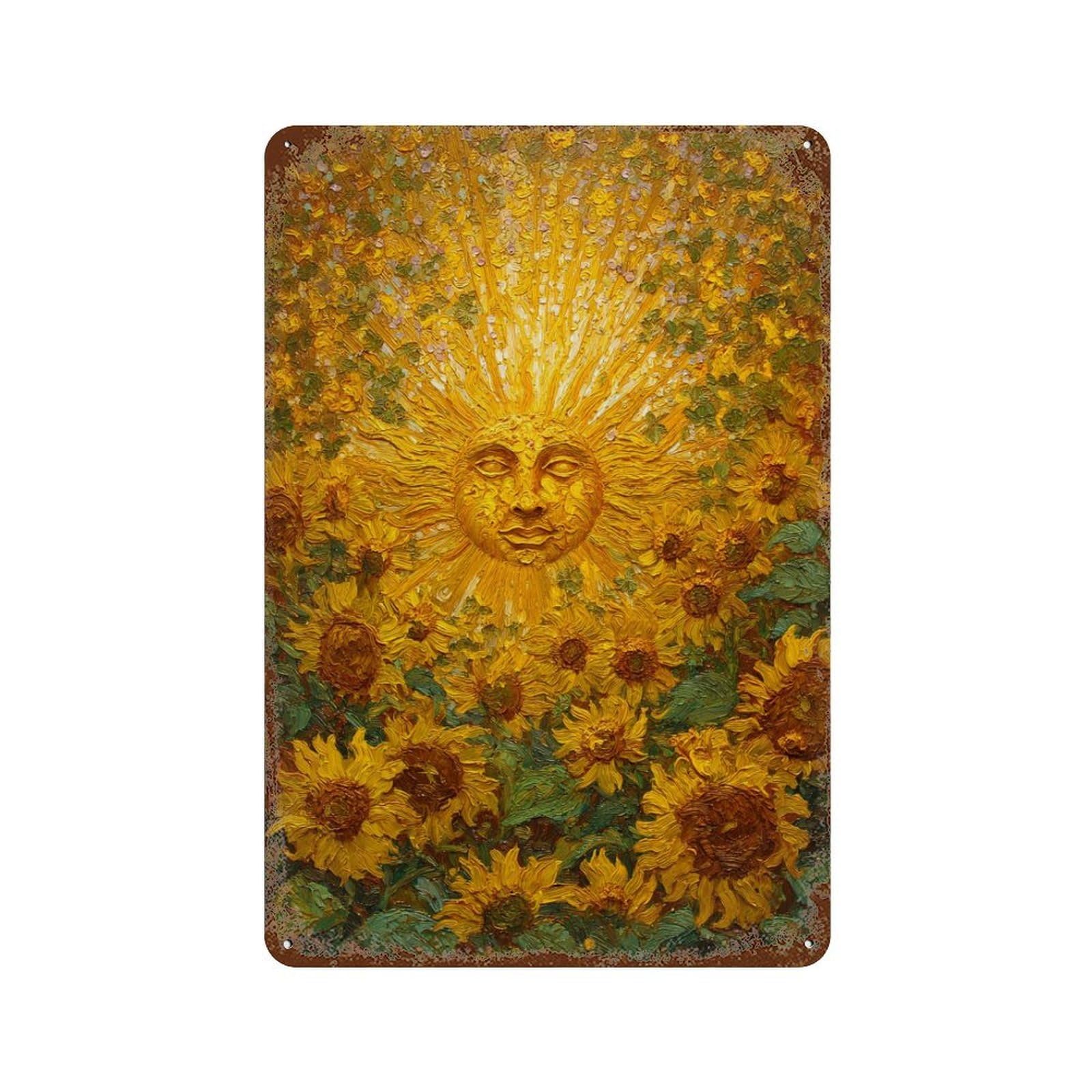 Garage Style Sunflower Field with Smiling Sun Rusty Metal Tin Sign 11.8"x7.9", Classic Wall Plaque for Bar And Workshop