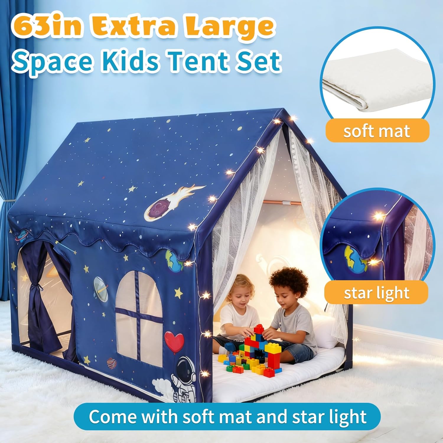 Kids Space Tent Indoor Playhouse-with Star Light, Padded Mat, Extra Large Bedroom Play Tent, Double Curtain, Two Door Access for Toddler Boys, Astronaut Spaceship Kids Tent Toys