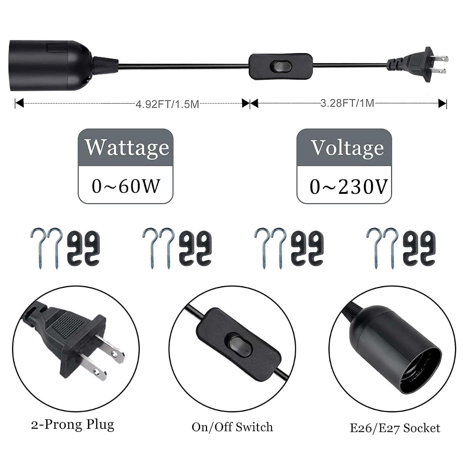 Plug in Light Socket - Pendant Hanging Lantern Cord - 8.2Ft Lamp Cord with Switch E26/E27 Extension Cable, Black Light Bulb Socket,4 Pack