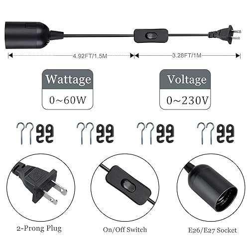 Miniatura 9 de Zarnicy Paquete de 6 enchufes de luz con cable, enchufe de luz colgante de 16 pies E26E27 con interruptor de encendidoapagado, cable de cable de
