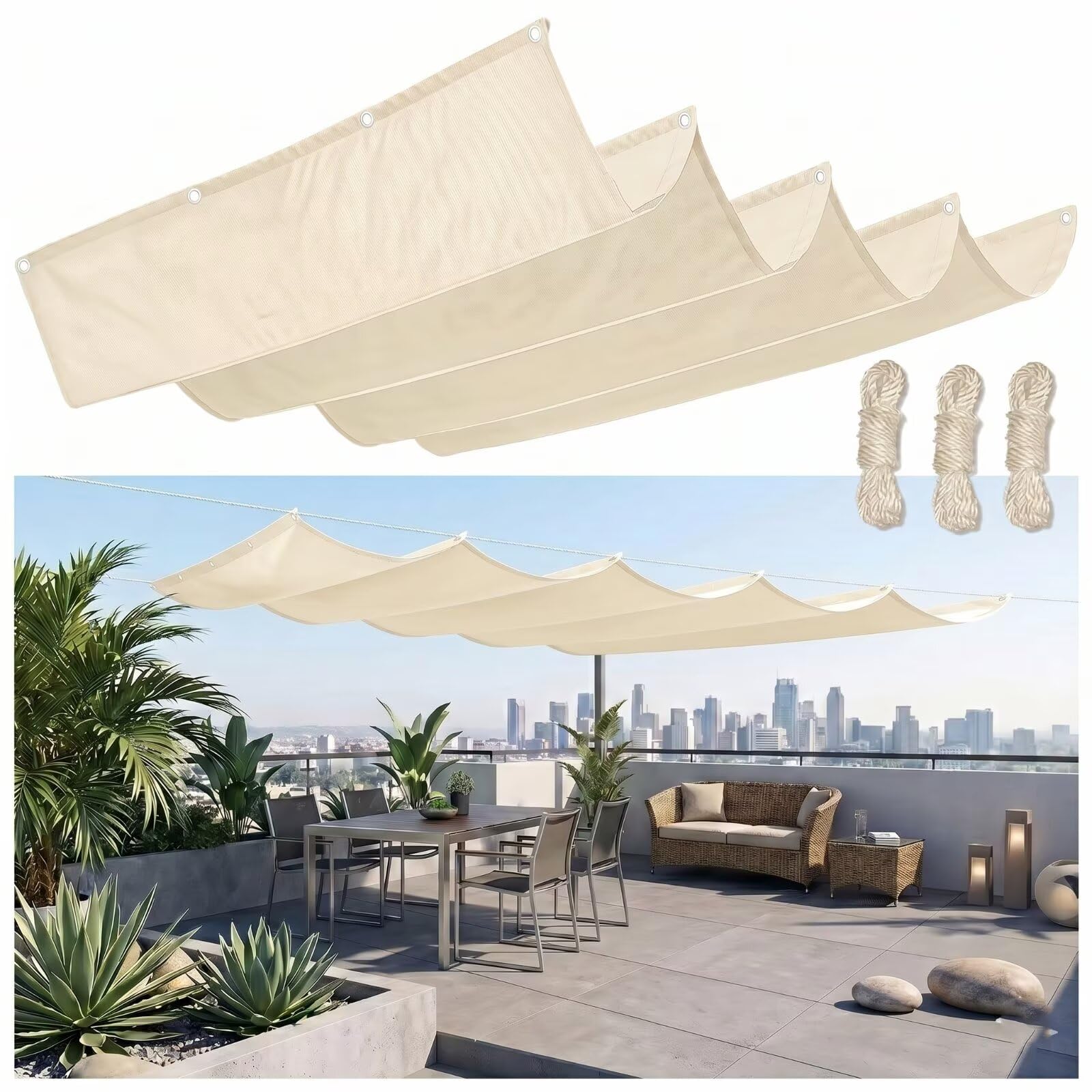 Voile d'ombrage Suspendu Vague 200x350cm Rétractable Imperméable Toile Solaire pour Pergola et Tonnelle Jardin Beige