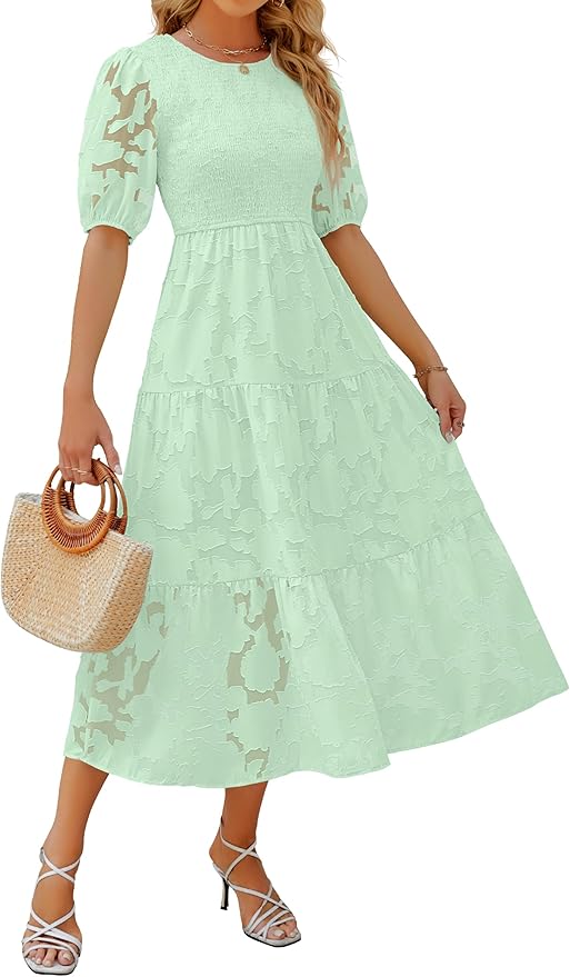 ZESICA Women's 2026 Summer Short Puff Sleeve Crewneck Smocked Floral Lace Flowy A Line Tiered Maxi Dresses