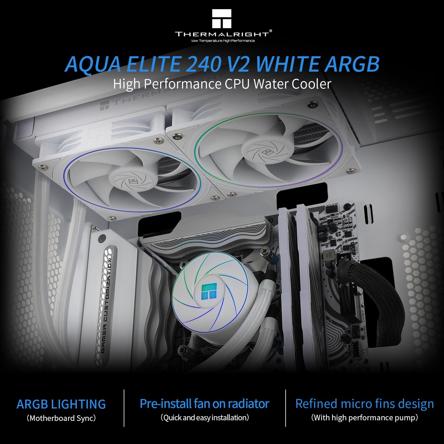 Thermalright AQUA ELITE 240 Weiß ARGB V2 CPU-Wasserkühler, 240 Aio CPU-Kühler, 2xTL-S12W PWM-Lüfter, ARGB-Feinblendeneffekt, für AM4/AM5, Intel LGA1150/1151/1200/1700/1851