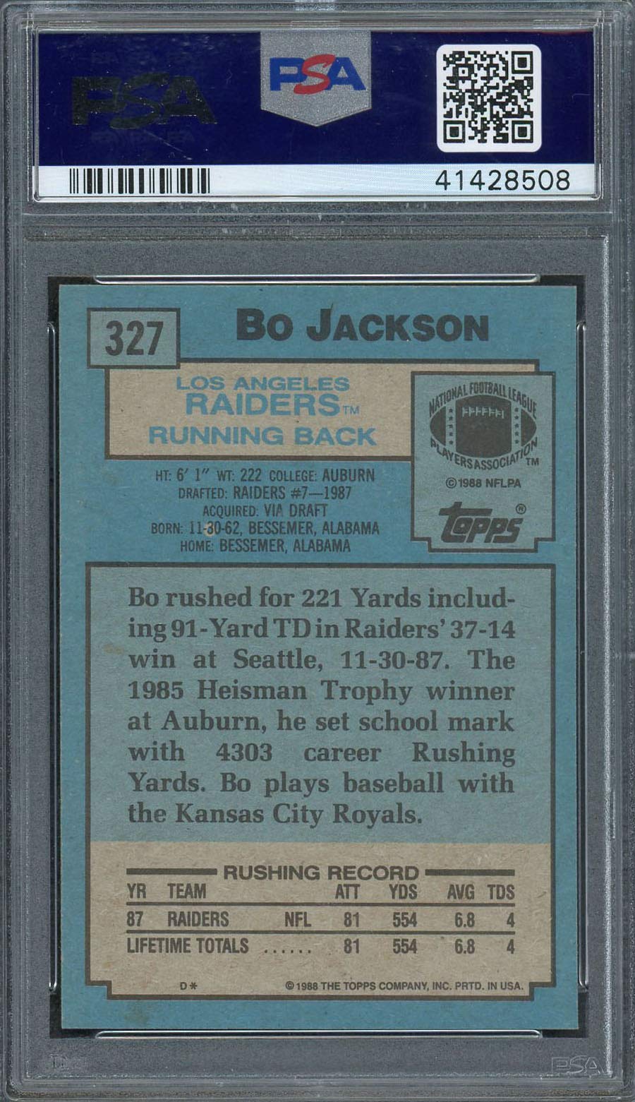 Bo Jackson Los Angeles Raiders 1988 Topps Football Rookie Card RC #327  Graded PSA 8 at Amazon's Sports Collectibles Store