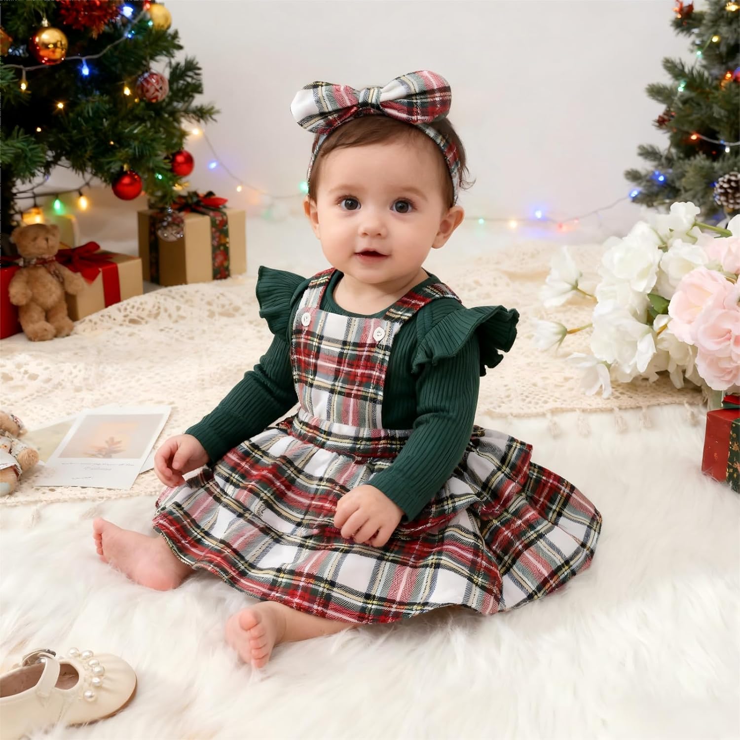 COSLAND Baby Girl Christmas Outfit Long Sleeve Romper Overall Skirt Dress 3Pcs Set, 0-24 Months - Image 5