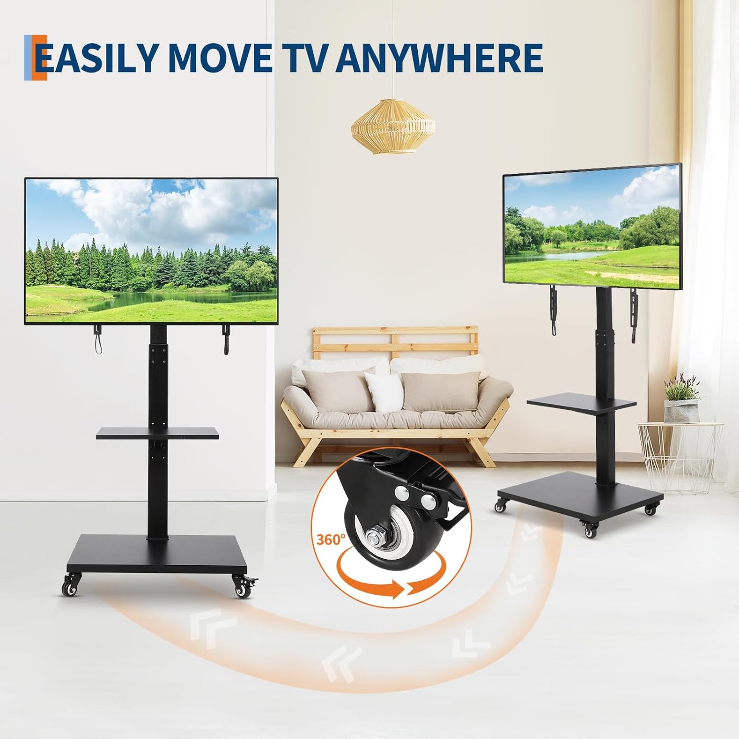 Rolling TV Stand with Power Outlets, Swivel Portable TV Stand for 32-75 in LCD LED OLED Flat/Curved Panel Screen TVs, Height Adjustable&Wood Base, Mobile TV Cart with Shelf, Up to 120 LBS, Black