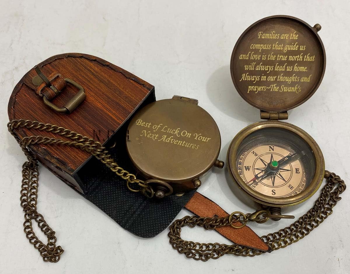 Bussola tascabile in ottone da 5,1 cm con catena, regalo unico di eleganza e presentazione in scatola in pelle, per iniziare e ogni occasione (migliore fortuna), bussola per tuo figlio, figlia e