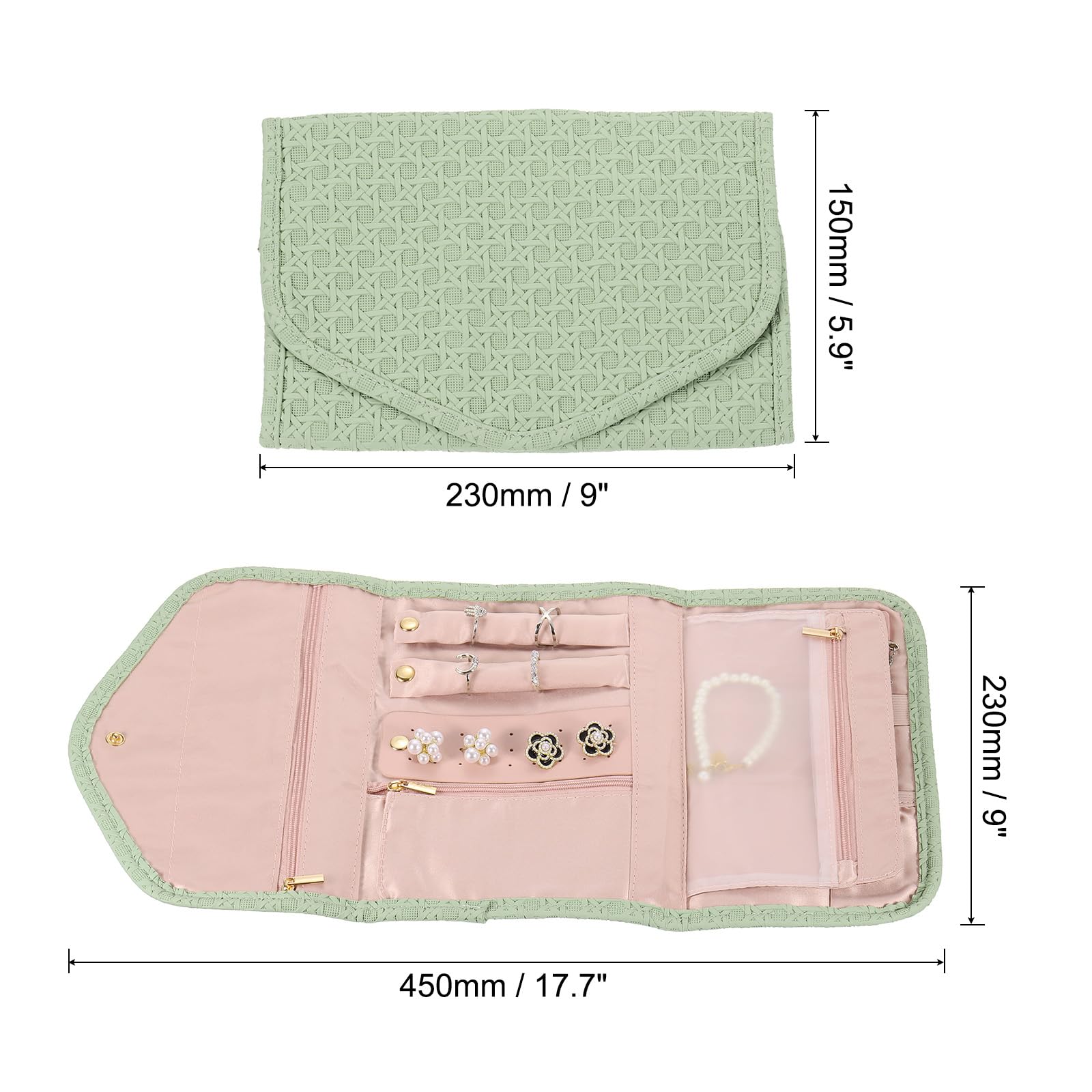 uxcell Travel Jewelry Case Organizer, Foldable Jewelry Travel Organizer PU Jewelry Storage Roll Jewelry Case for Women Gift Necklaces Earrings Rings Bracelets, Light Green
