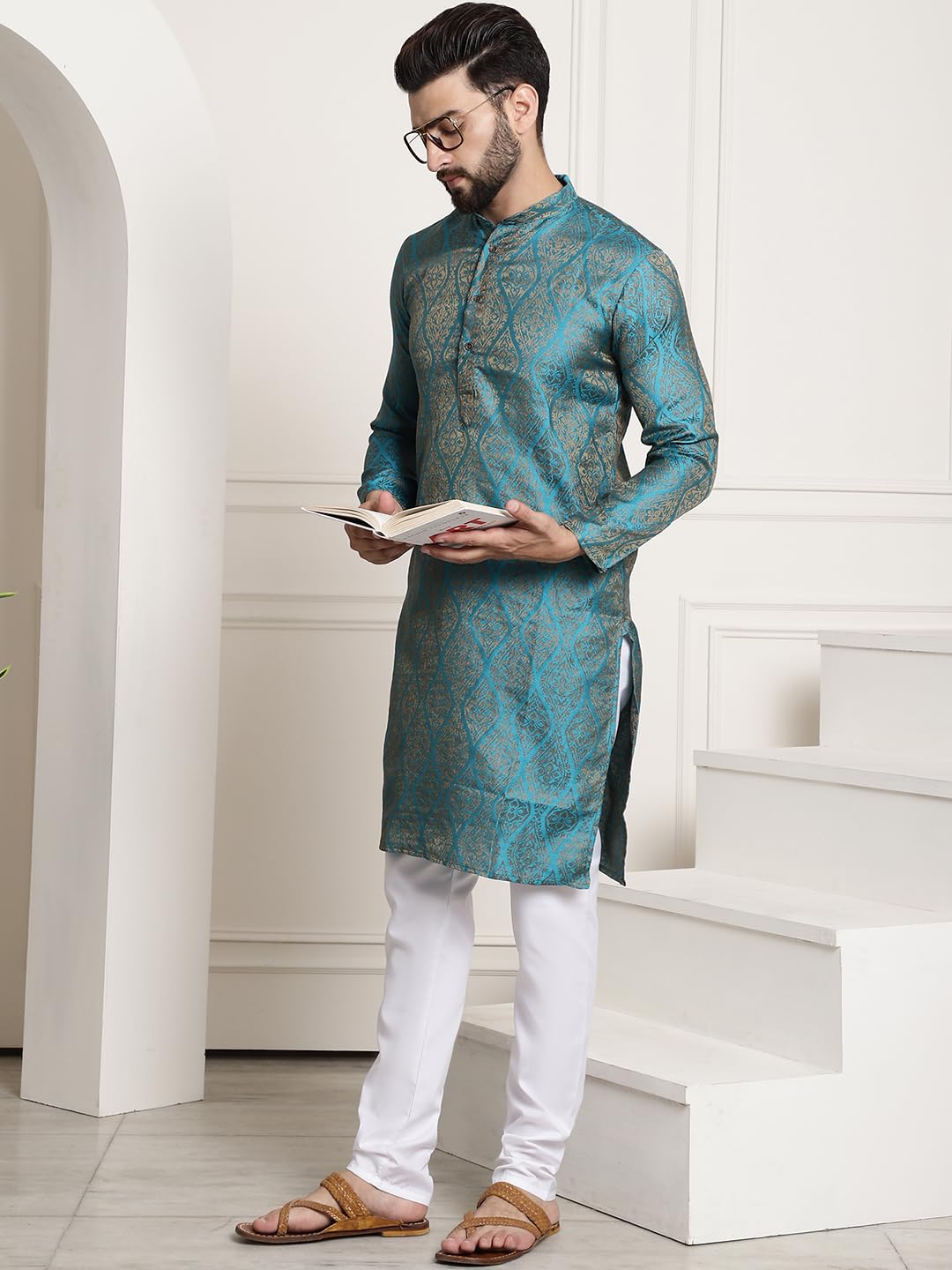 Sojanya (Since 1958 Men's Silk Blend Teal Blue Self Design Kurta And White Churidar Pyjama Set