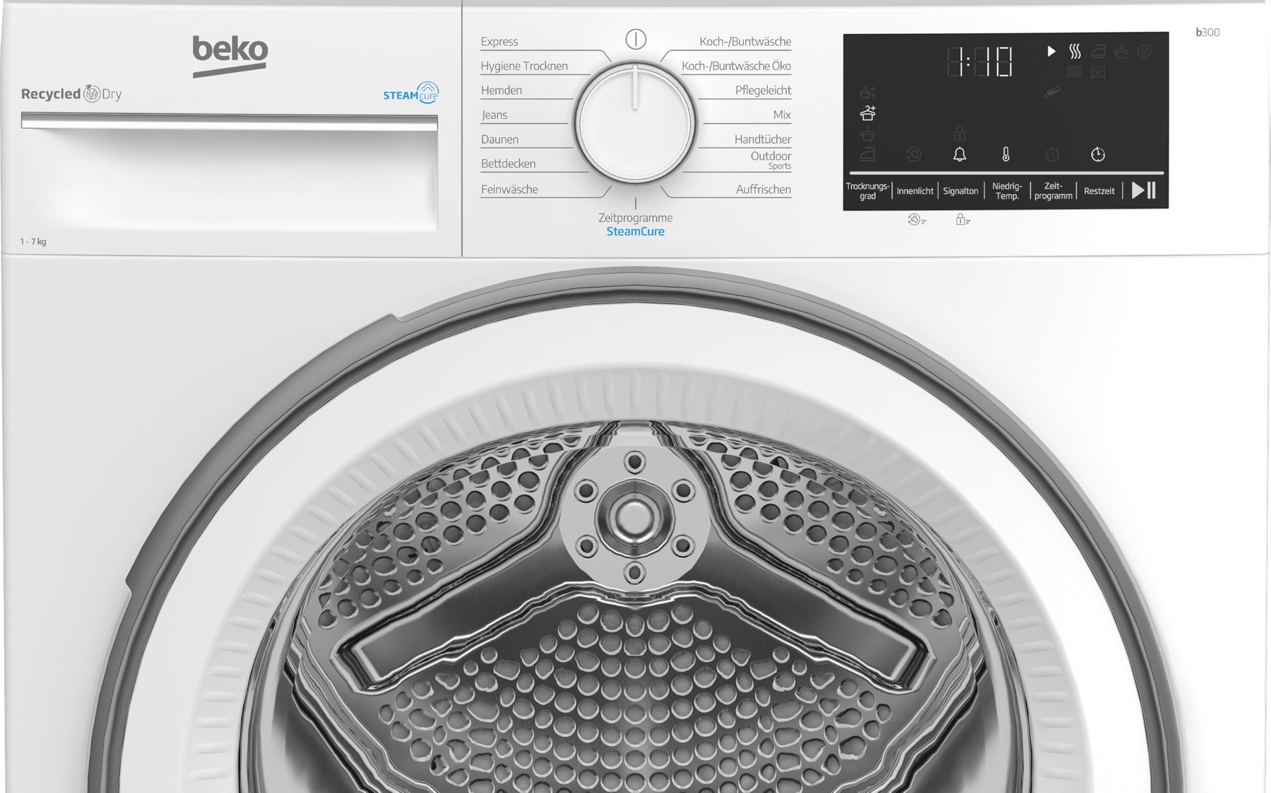 Beko B3T41239A Trockner, 7 kg, Wärmepumpentrockner, Dampffunktion, Knitterschutz, Sensortrocknung, AquaWave Schontrommel, 15 Programme, extra schlank (54,3 cm tief), Weiß