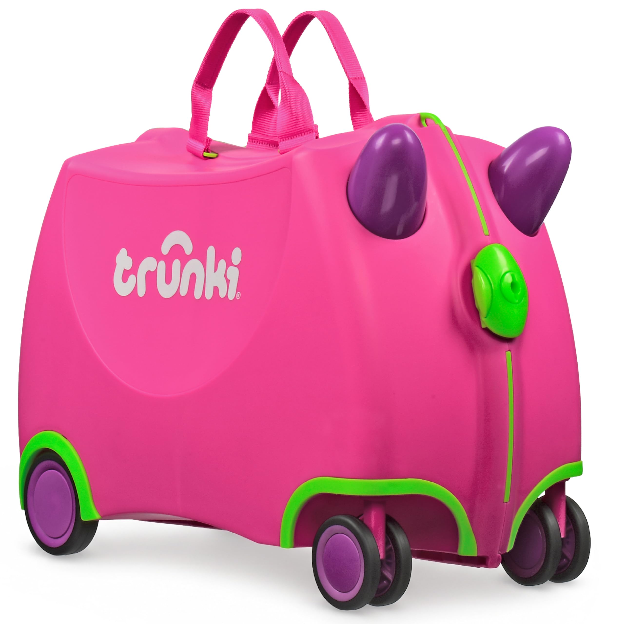 TRUNKI Kinderkoffer zum Draufsitzen mit 360°-Vorderrädern – 17,6-Liter-Handgepäckkoffer, Kabinengepäck mit Rollen, als Handgepäck zugelassenes leichtes Kinderreisegepäck mit Zuggurt, 46 × 21 × 31 cm.