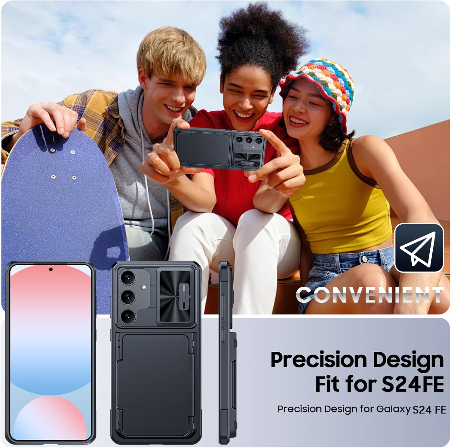 CENMASO for Samsung Galaxy S24 FE Case with Card Holder (3-5 Cards) Sliding Camera Cover & Kickstand【RFID Blocking】 Military Drop Protection & TPU Edge Wallet Case for Galaxy S24 FE-Black - Image 8