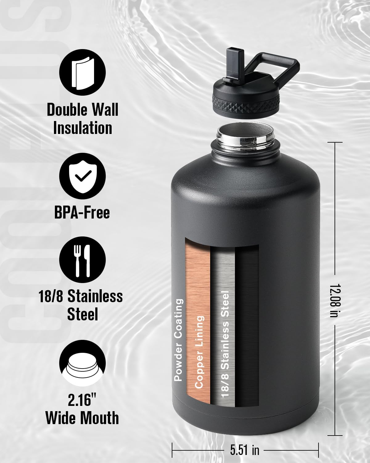 Coolplus Gallon Water Bottle Insulated with Straw, Water Jug 128 oz Stainless Steel Double-Walled Vacuum Metal Large Flask With Carry Sleeve for Sports Gym Outdoor, Keep Cold 48 Hrs, Black