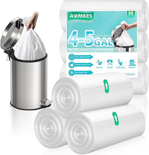 Bolsas de basura blancas para baño de 4 galones, 60 bolsas de basura pequeñas, 15 litros, 17.3 pulgadas x 19.6 pulgadas