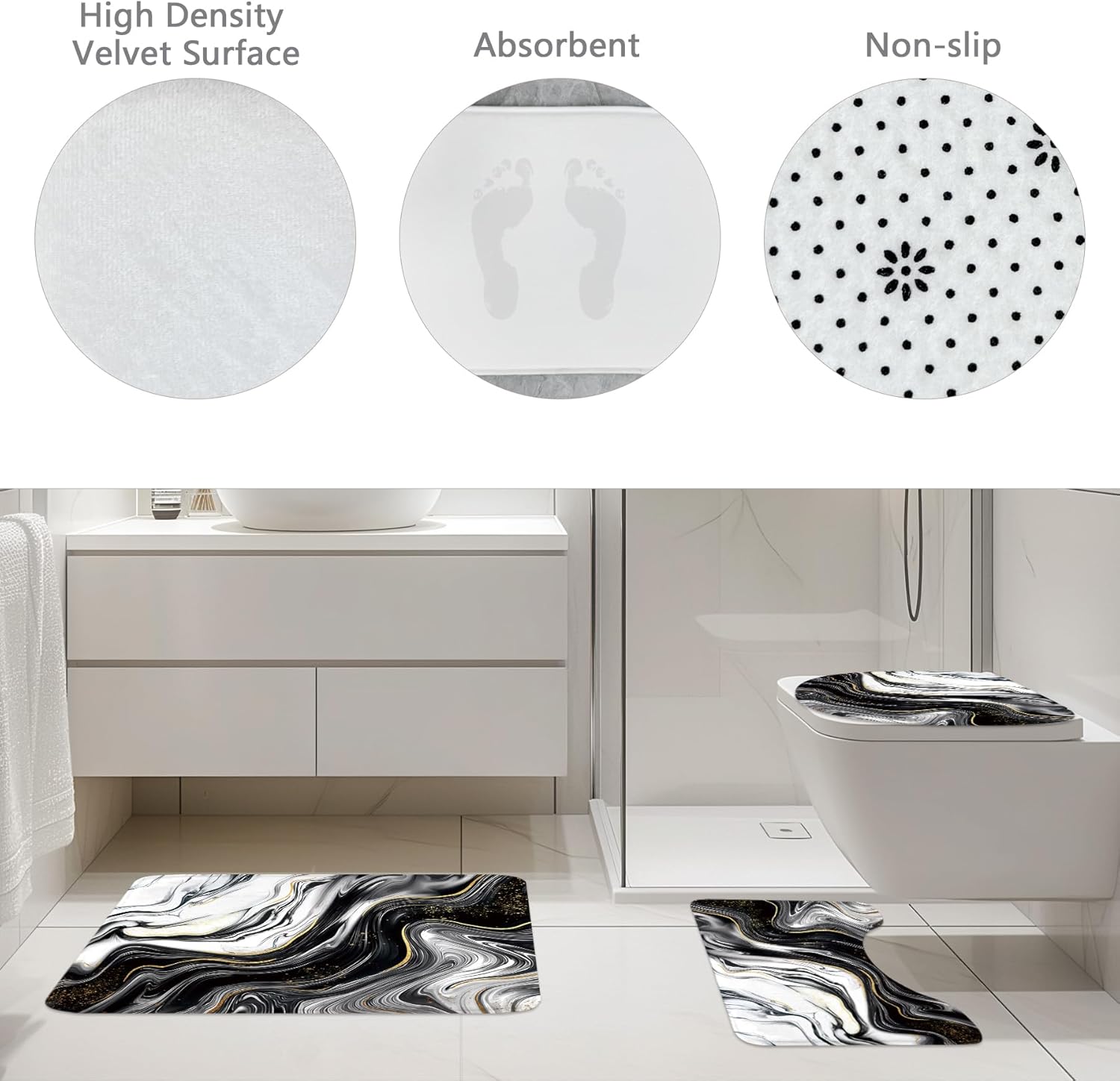 Riyidecor Black Gold Marble 4Pcs Bathroom Shower Curtain Sets Modern Simple Abstract Aesthetic Bathroom Decor Set with Rugs and Accessories Luxury Toilet Lid Rug, Contour and Bath Mat with 12 Hooks