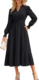 Women's Puff Long Sleeve V Neck Smocked Maxi Dress Tiered A-line Spring Fall Flowy Long Dress with Pockets