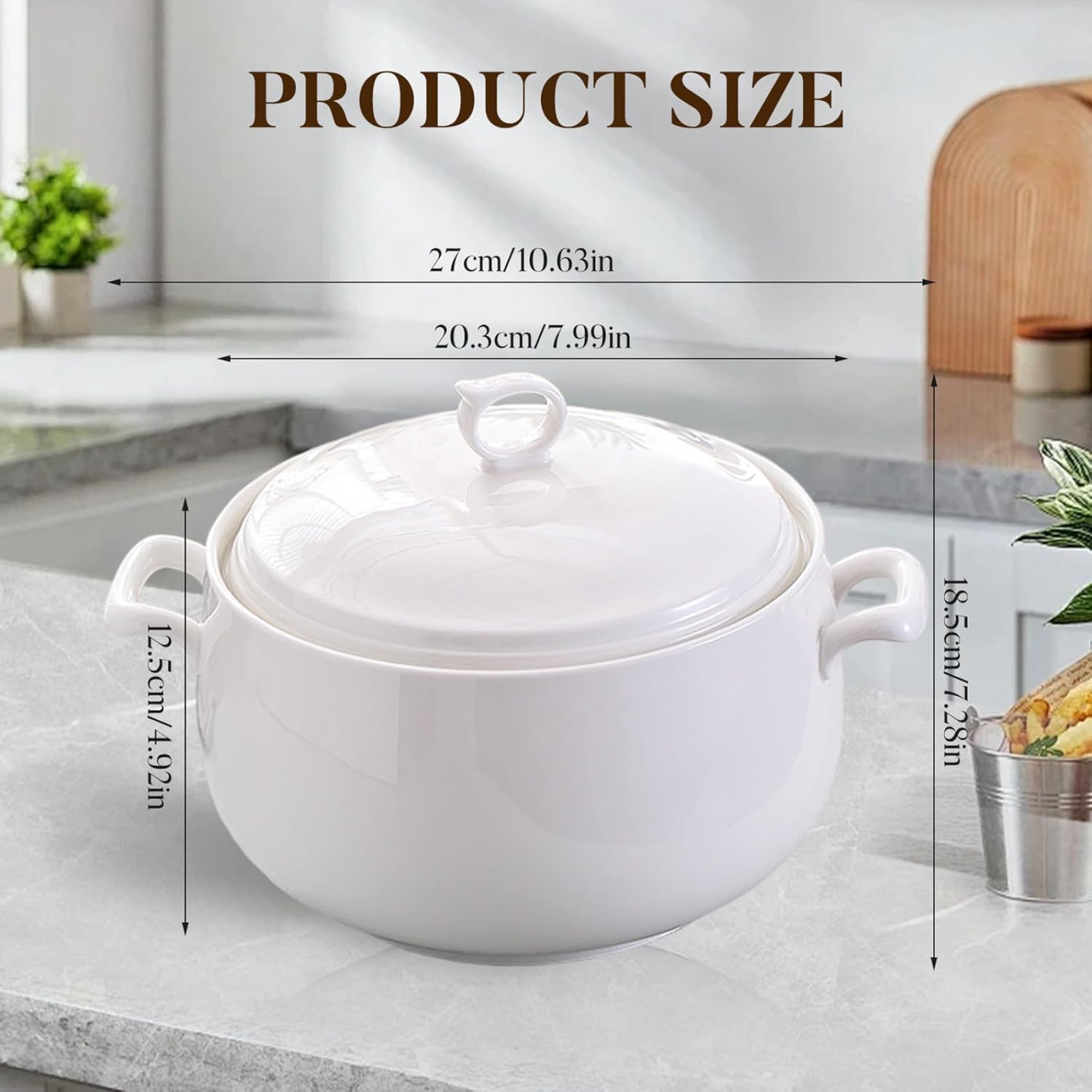 Soup Tureen 3000ml Round Ceramic Serving Bowls with Lids Heat-Resistant Soup Bowls with Handles Microwave Safe for Restaurant Home Kitchen Tureen, Ceramic Bowl with Lid, with Handle