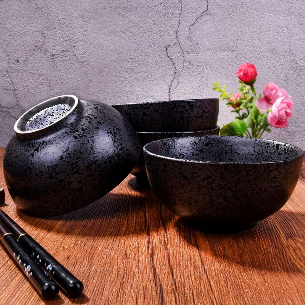 Japanese Ceramic Rice Bowl Set of 4,4.5 Inch Speckled Black Small Bowls